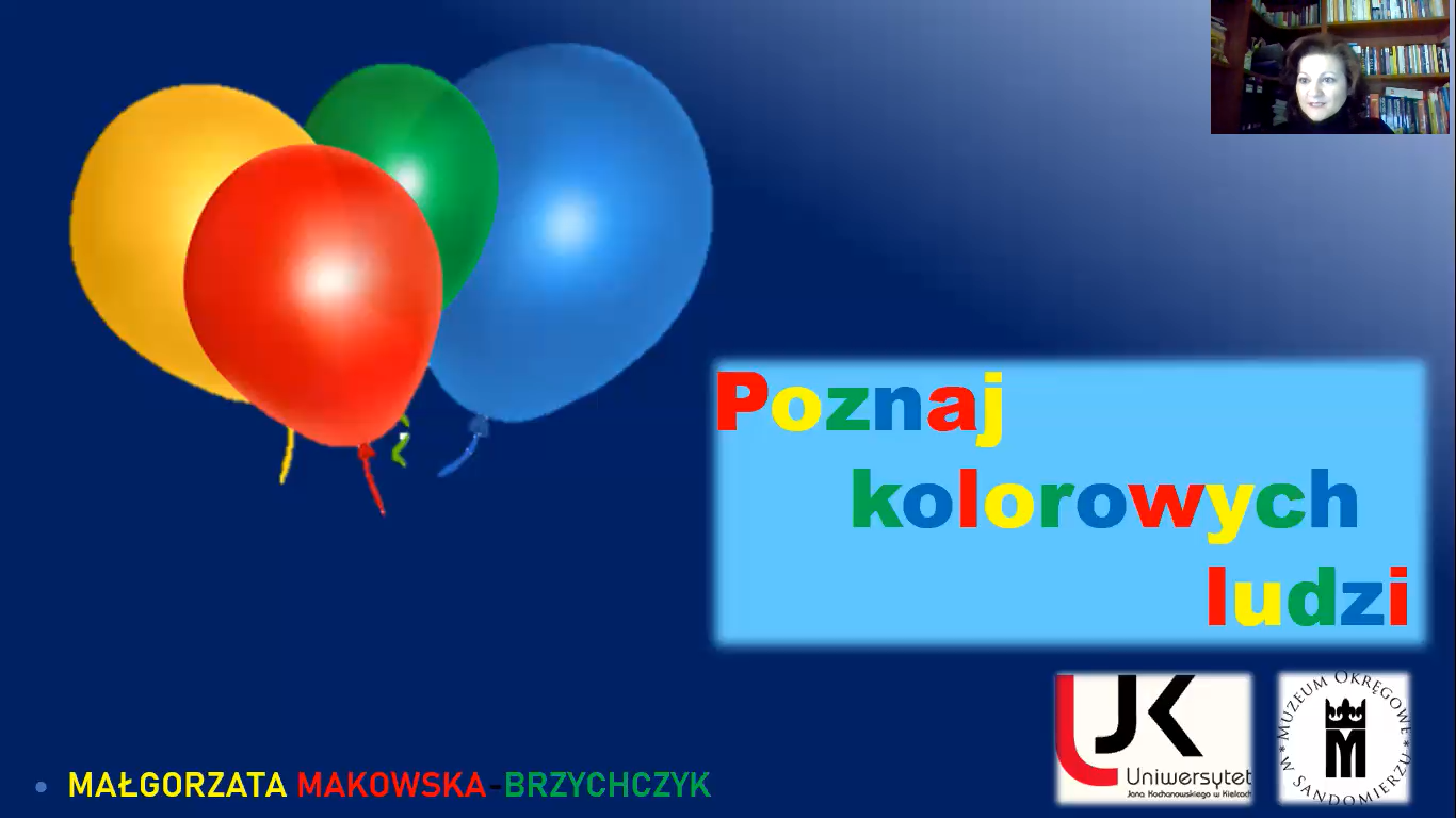 Niebieski slajd reklamowy z kolorowymi balonami i nazwą wykładu otwartego Poznaj kolorowych ludzi