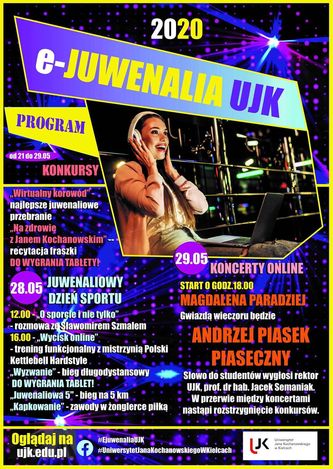 Program wirtualnych juwenaliów ujk. Zawierająca link ujk.edu.pl do transmisji live.