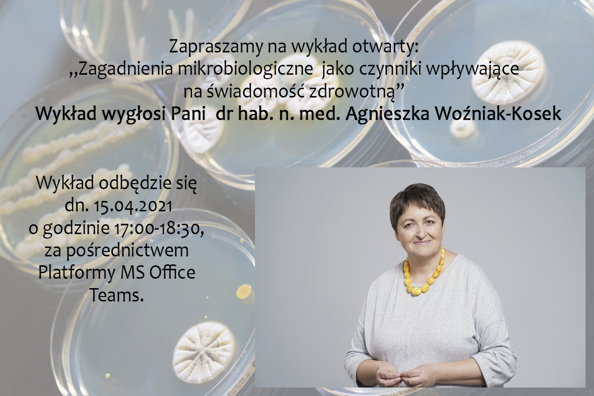 Doktor Agnieszka Woźniak Kosek wykład otwarty na platformie teams, fotografia na tle zdjęcia ze szkiełkami do mikroskopu