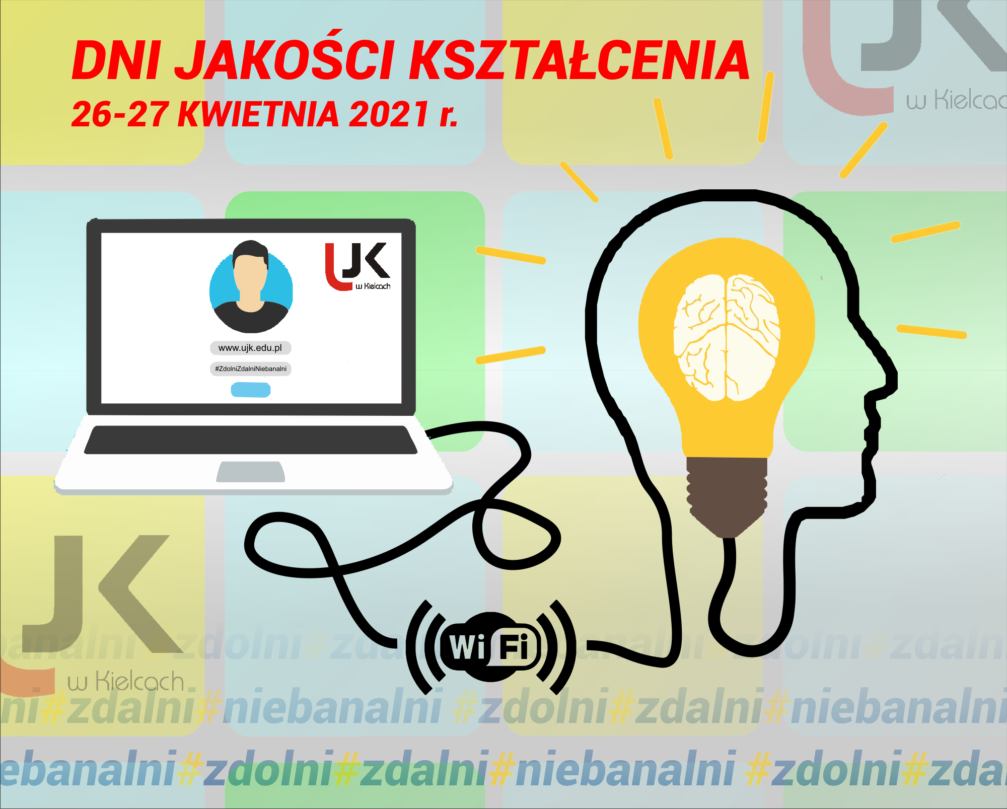 Plakat Dni jakości kształcenia 2021, laptop głowa z żarówką