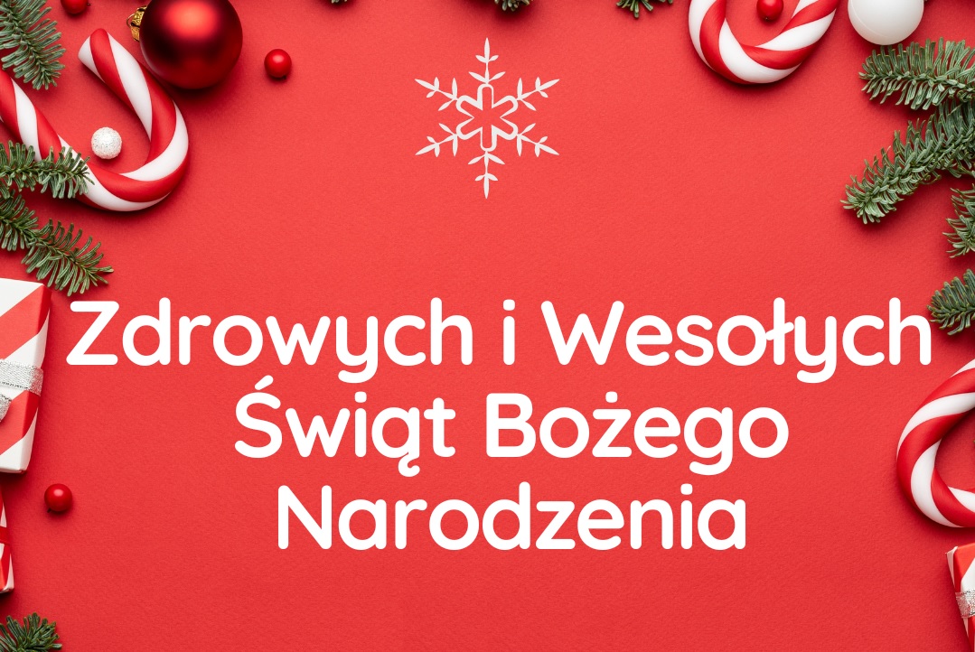 napis Zdrowych i Wesołych Świąt Bożego Narodzenia na czerwonym tle z choinkami i slodyczami