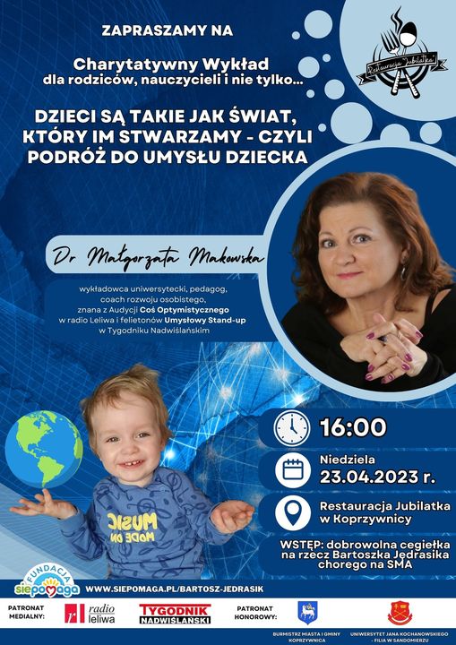 Niebieski plakat ze zdjeciem malgorzaty makowskiej z napisem wyklad charytatywny dla bartoszka chorego na sma