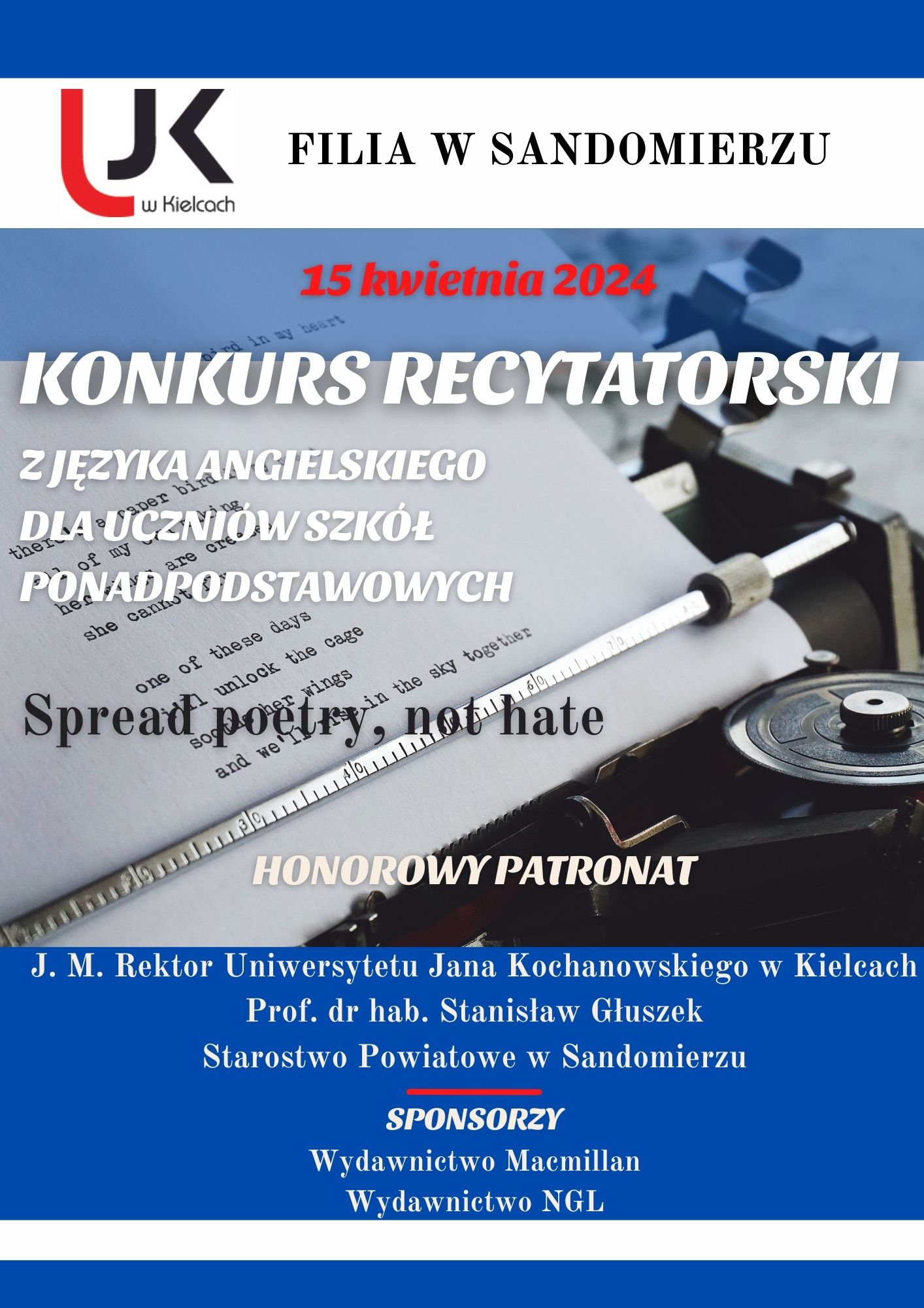 Konkurs recytatorskie dla szkol ponadpodstawowych w tle maszyna do pisania zgloszenia mmiekina@ujk.edu.pl