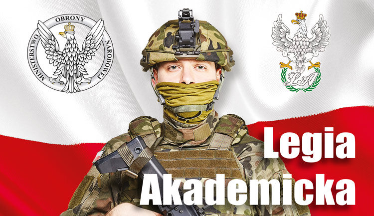 Zolnierz na tle flagi polski z napisem legia akademicka