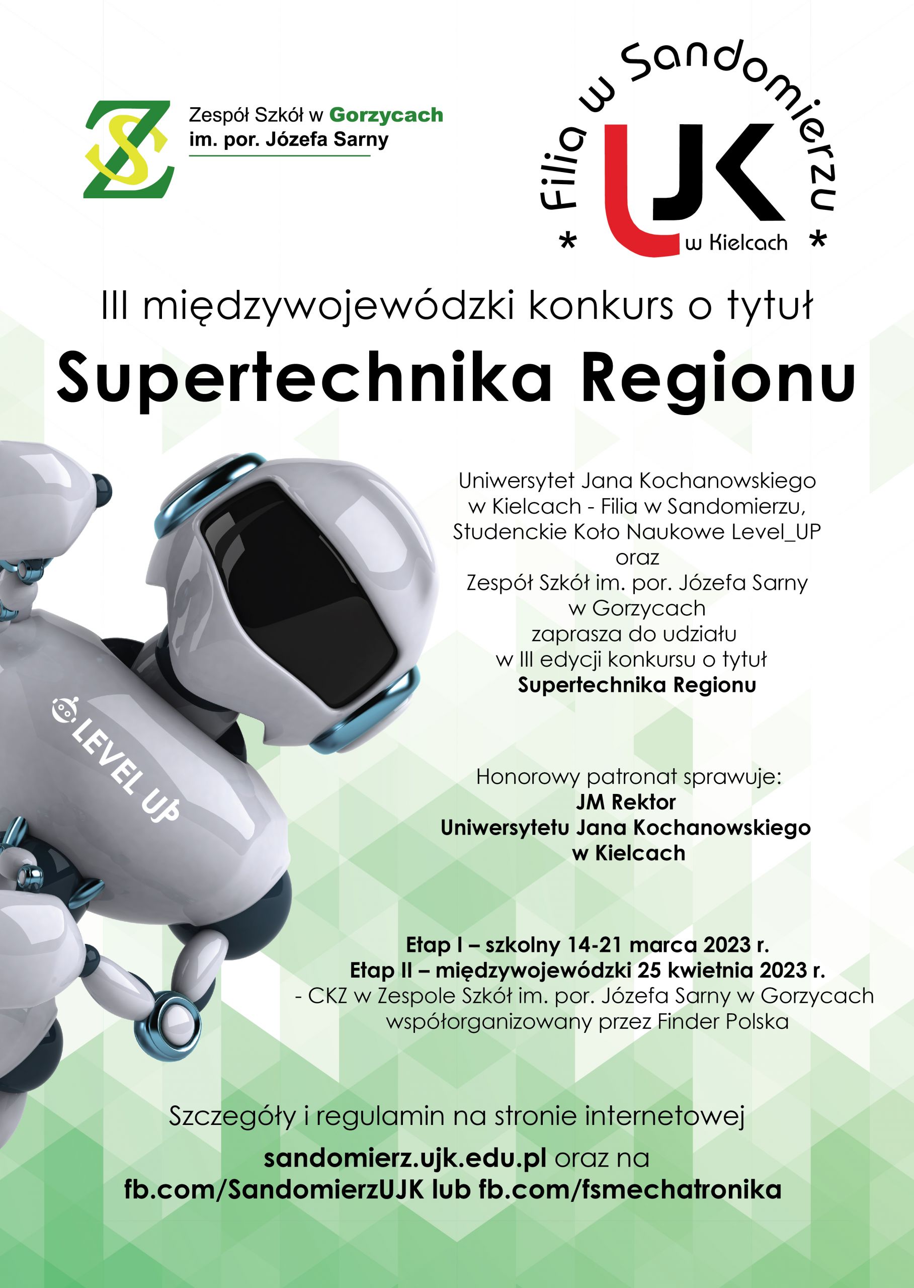 Plakat reklamowy konkursu o tytul supertechnika regionu, robot na zielonym tle