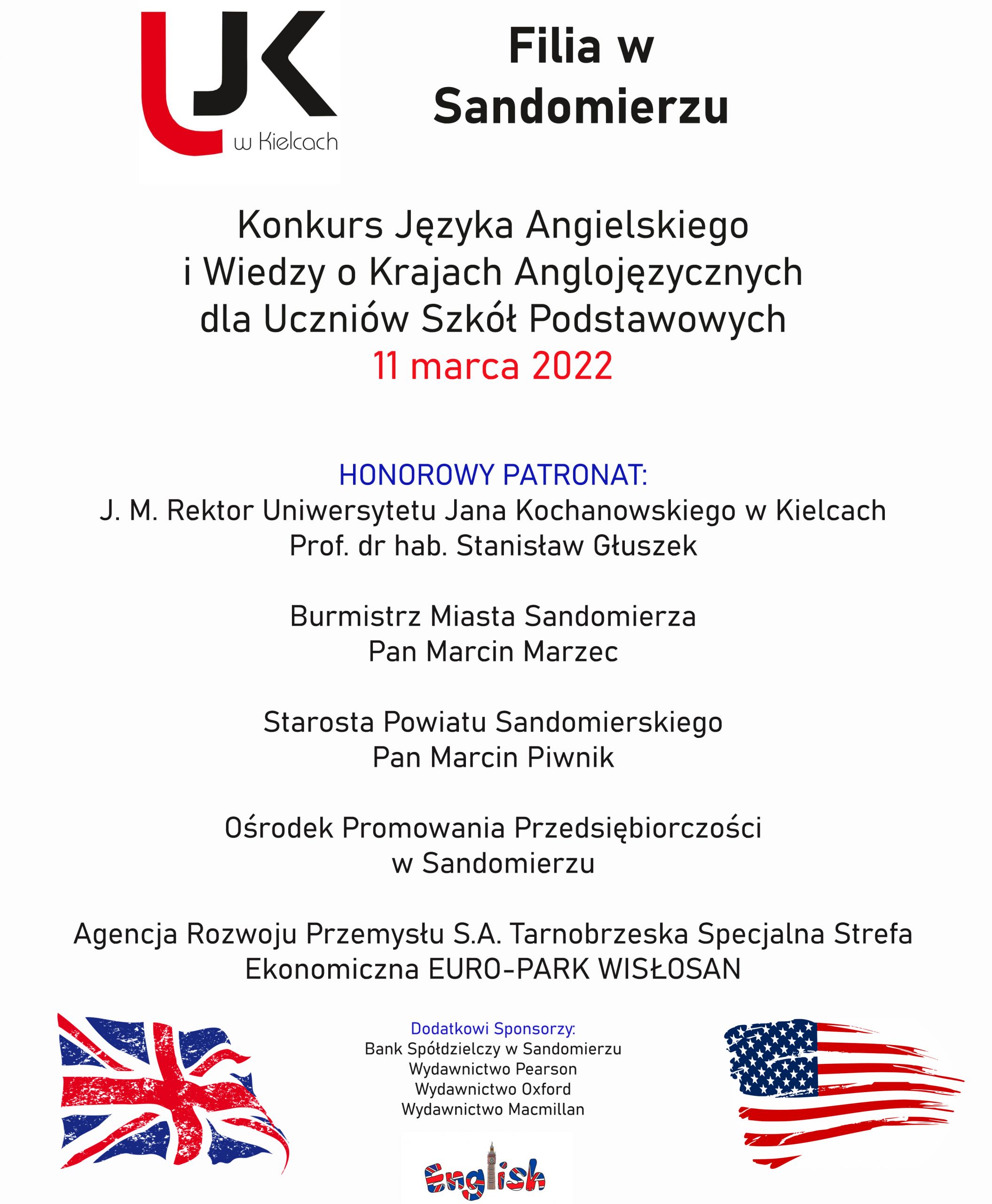Plakat konkursu jezyka angielskiego dwie flagi USA i wielkiej brytanii